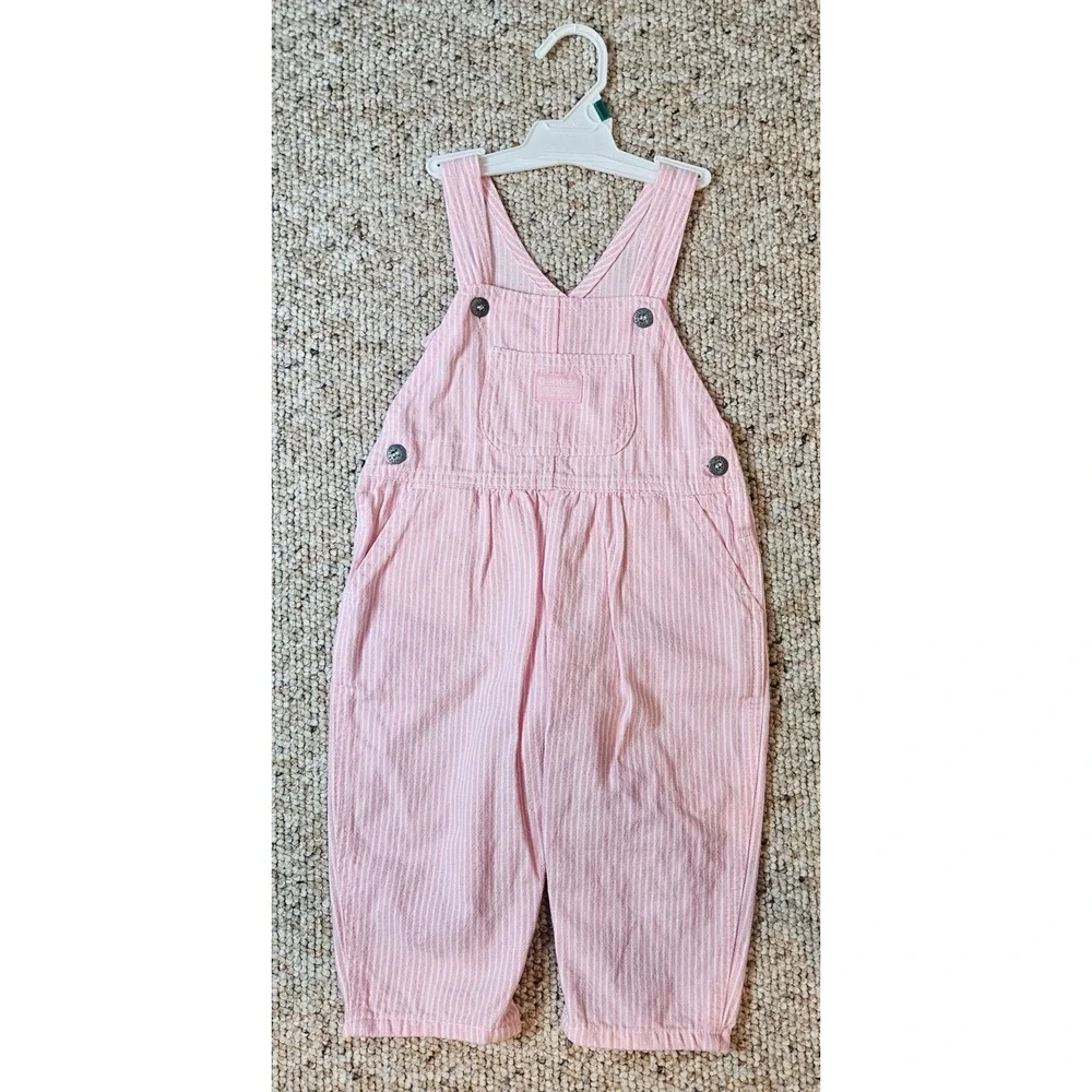 OshKosh Bgosh Pink White Hickory Stripe Bib Overalls Vintage Style Dungarees 18M